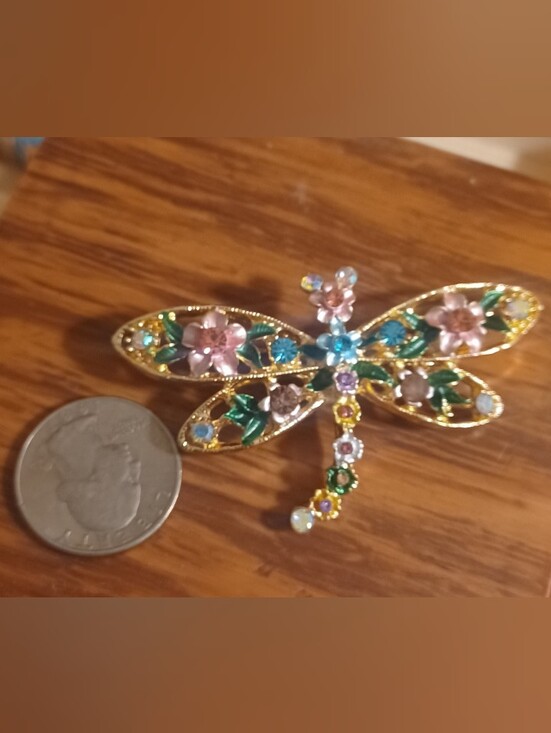 Jewelry - Gold Tone Floral Dragonfly Brooch with Pink and Blue Accents